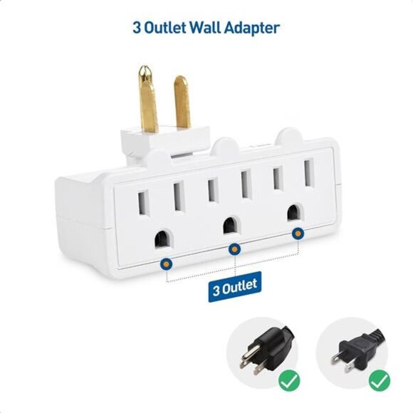 Cable Matters 2-Pack 3 Outlet Grounded 180 Degree Swivel Wall Tap in White - Picture 6 of 8